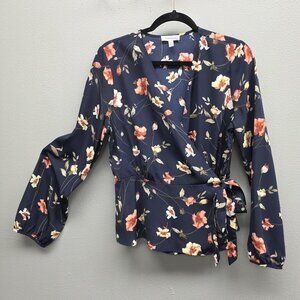 Monteau Blouse Womens XL Blue Floral Wrap Tie Waist Long Sleeve Top V Neck
